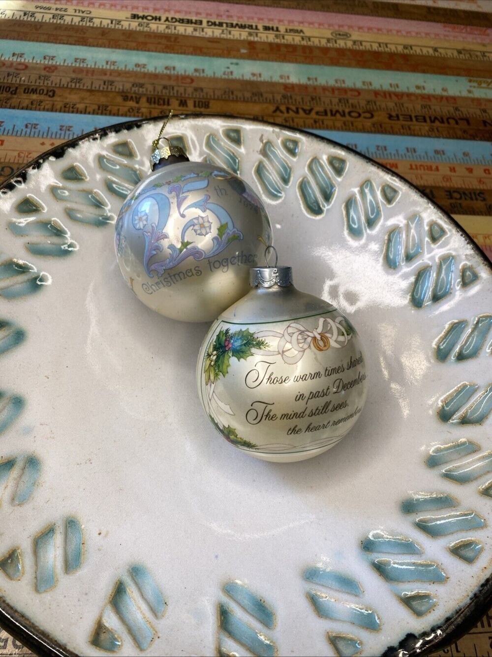 Hallmark 1979 1978 25th Anniversary Together Glass Ball Christmas Ornament Lot 2